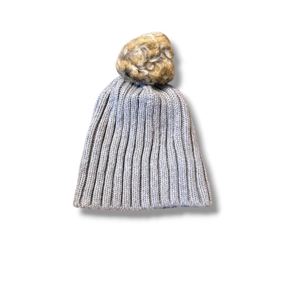 J.Crew Ribbed Knit Beanie Hat Gray One Size Faux Fur Pom Winter Capβ